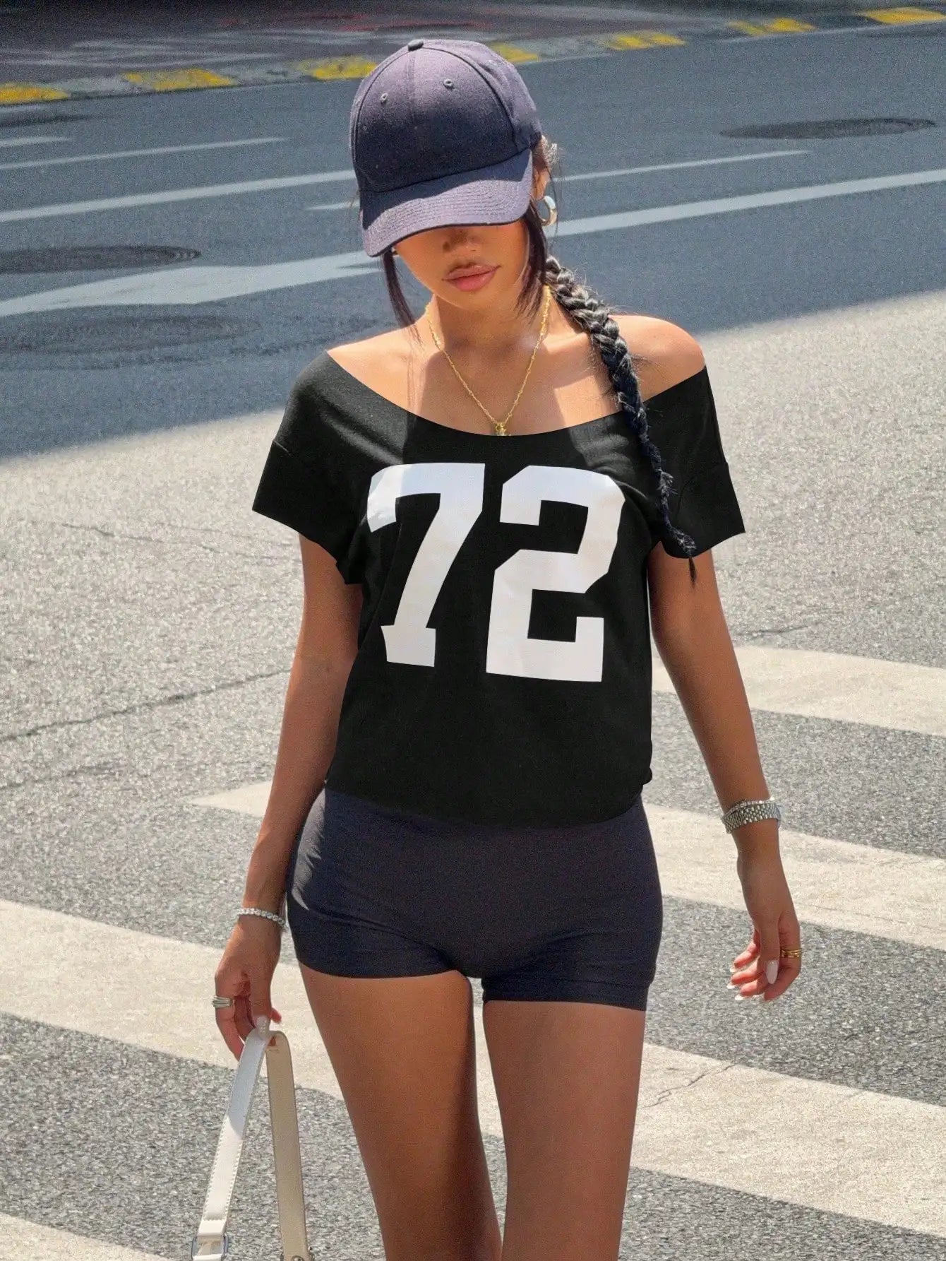 Women Off-Shoulder Short Sleeve T-Shirt With Number Print