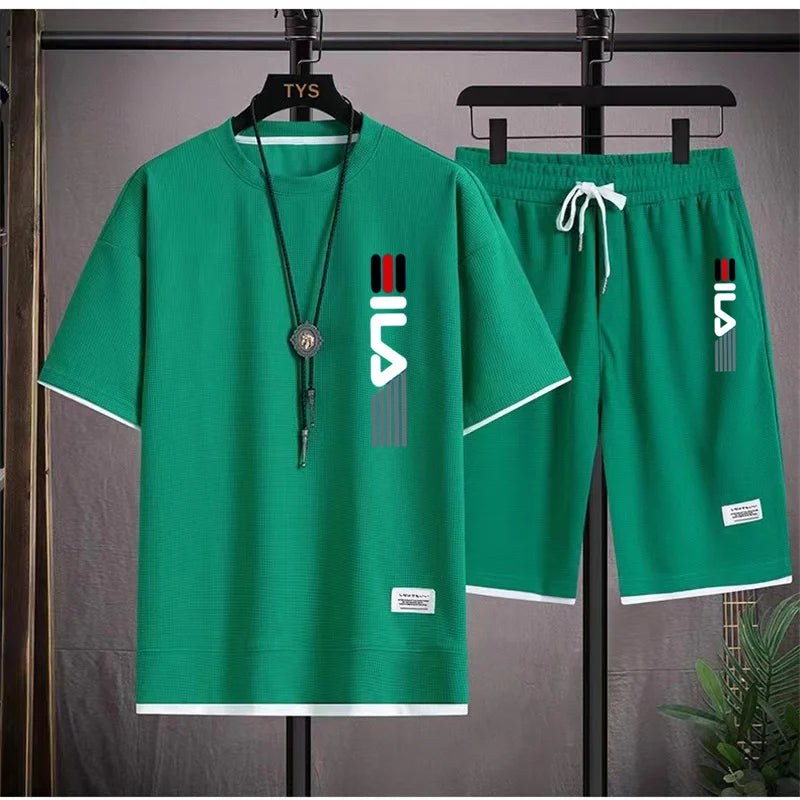 2026 Summer Men's Casual Short-Sleeved T-Shirt Set, fashionable outdoor outfit, two-piece set.