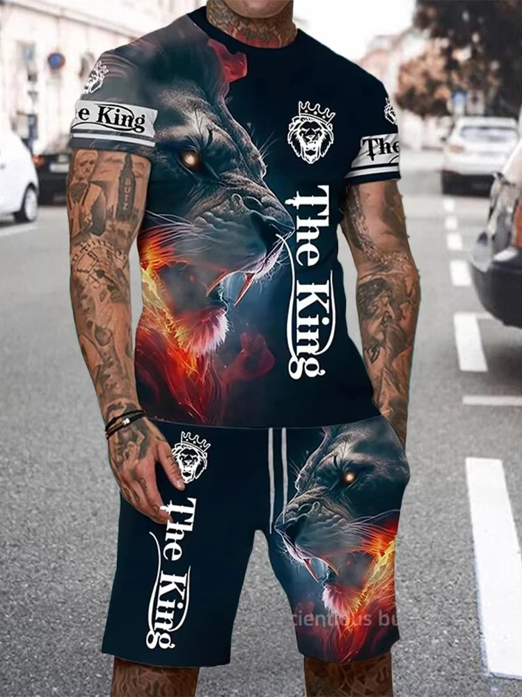 Summer Men Sets Shorts Outfits Male Tees Street T Shirt Two Piece 3D Lion Print Casual O-Neck Tracksuit Oversized Beach T Shirt