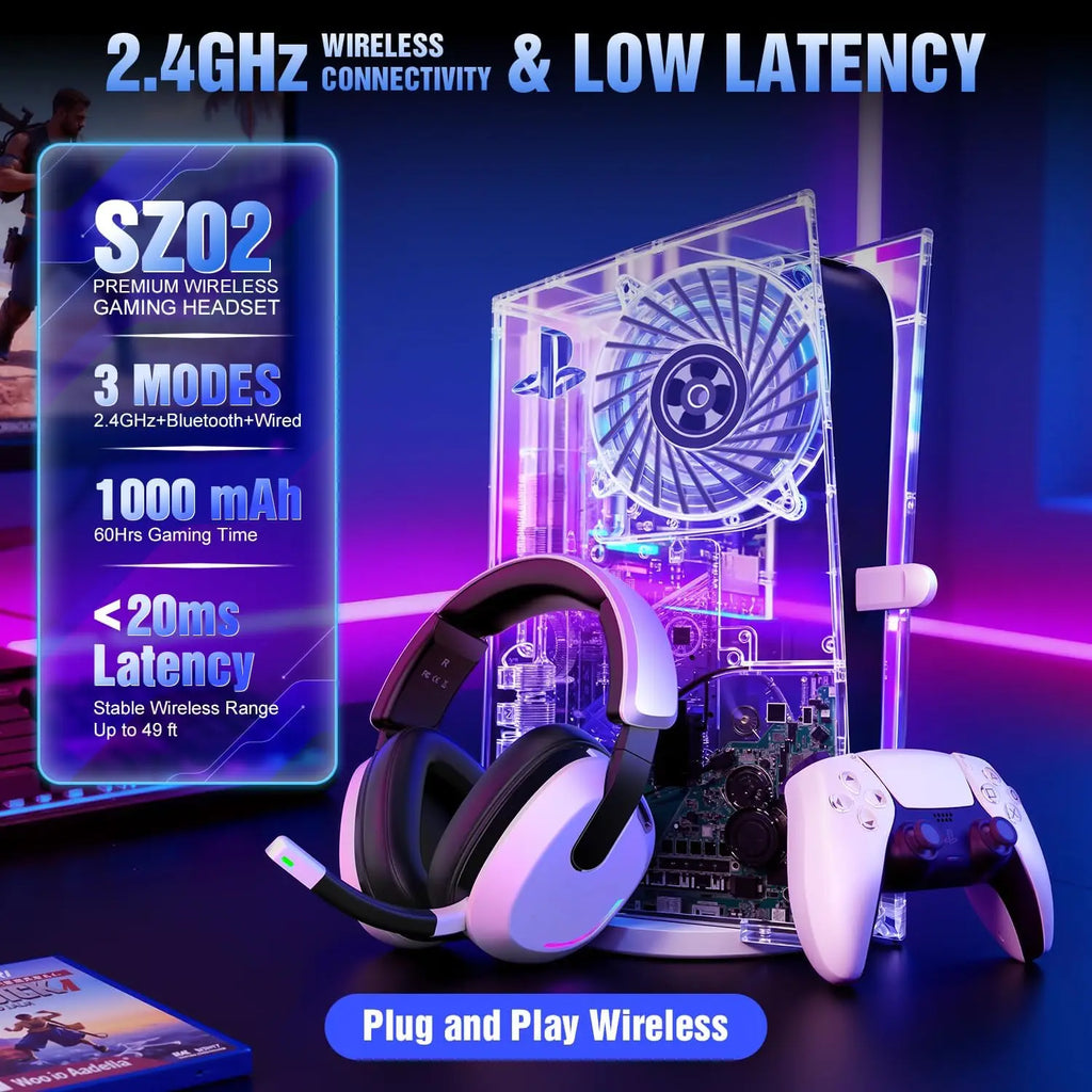 Wireless Gaming Headset for PS5 PS4 PC Switch Mac - RGB Over-Ear with Noise Cancelling Mic, 60H Playtime, 7.1 Surround Sound