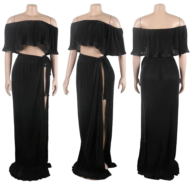 Vacation Two Piece Set for Women Maxi Dress Sets Clubwear Slash Neck Ruffles Crop Top and Long Skirts Sexy Night Club Outfits