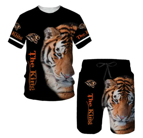 New Summer Men's Sets Shorts Outfits 3D Tiger Printed Short Sleeve T-shirt Two Pieces Casual Tracksuit Oversized Beach Sportwear