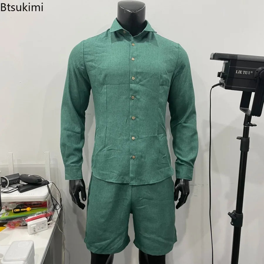 2026 Fashion Streetwear Men's Summer Comfy Cotton Linen Casual Suit Long-sleeved Shirt and Shorts Two-pieces Men Vacation Outfit