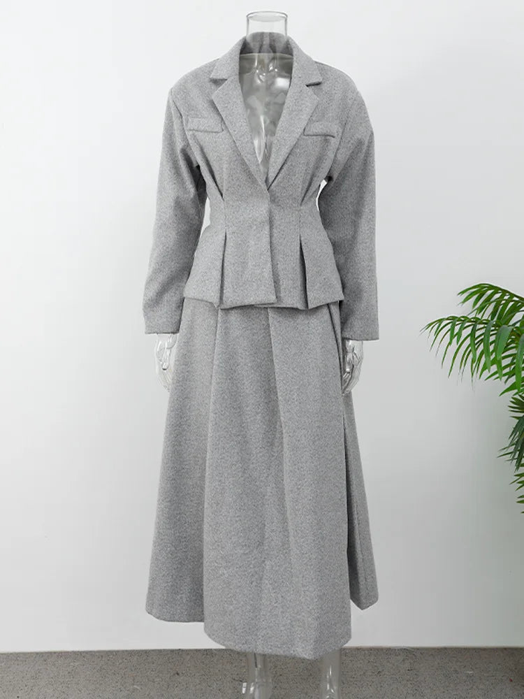 Autumn Winter Lady Office Two-piece Set Woolen Coat Skirt Set Women Lapel Hidden Buckle Blazers+High Waist Pleated Skirt Outfits