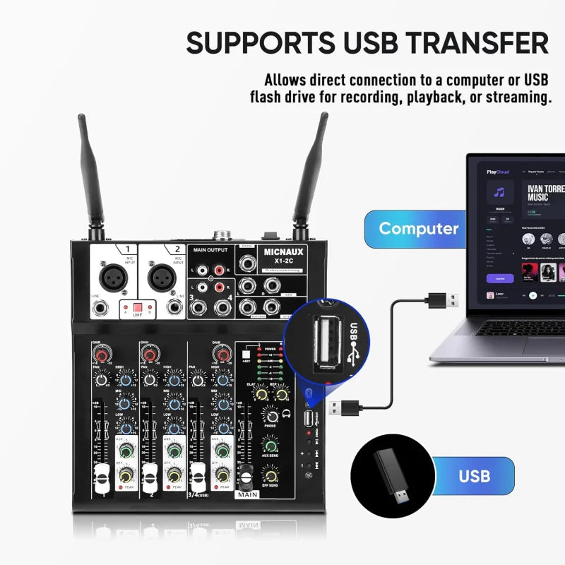 4 Channel Audio Mixer, Karaoke Mixer with Dual Wireless Microphones, Professional Sound Board DJ Mixing Bluetooth 48V Phantom