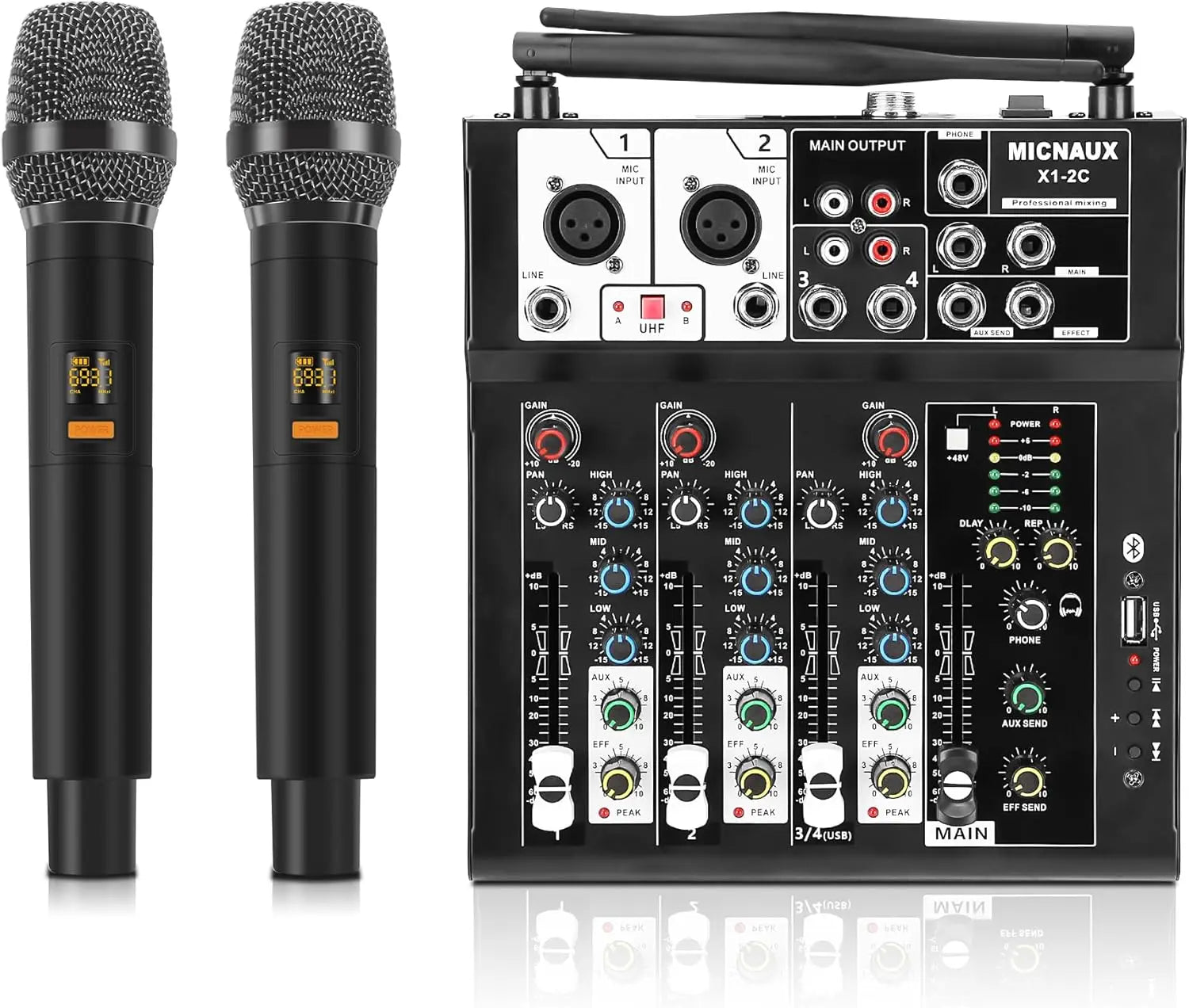 4 Channel Audio Mixer, Karaoke Mixer with Dual Wireless Microphones, Professional Sound Board DJ Mixing Bluetooth 48V Phantom