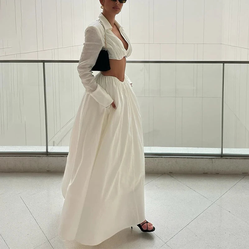 Simple High Waist Party Suits Ladies Sexy V Neck Long Sleeved Shirt and Skirt Two Piece Set Spring Holiday Solid Casual Outfit