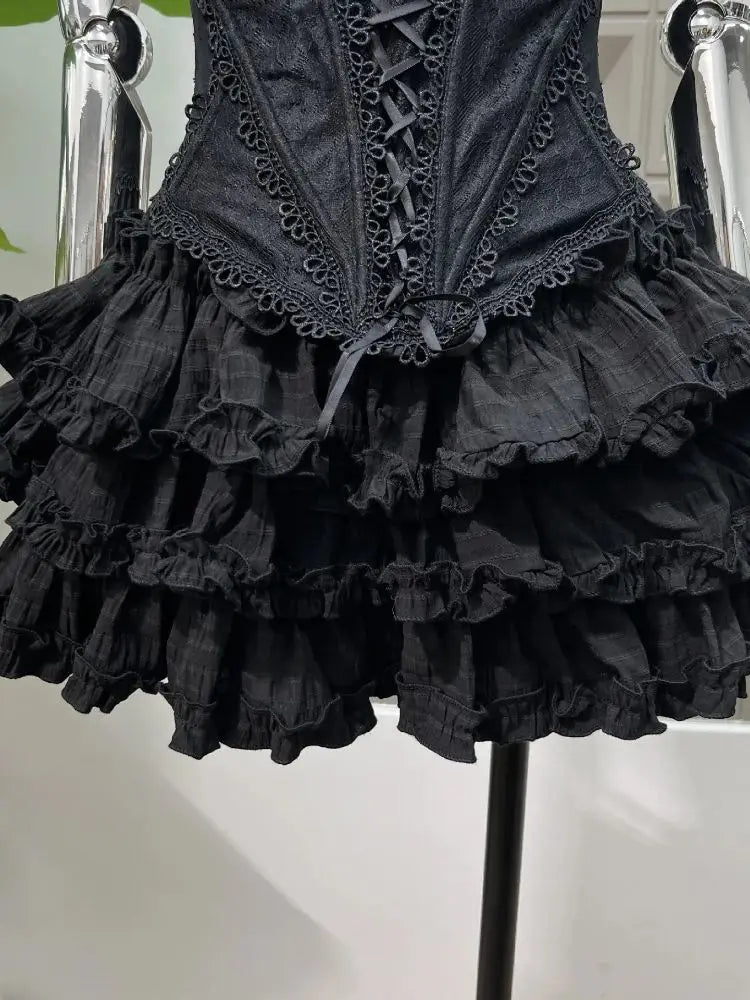 2025 New Summer Fashion Sexy Top Cake Skirt Women's Outfit Lace Bottom Birthday Party Club Dress Y2k Two Pieces Sets Black