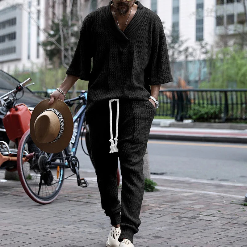 White Men's Casual Pants Sets Jacquard Two Piece Suits Male V-Neck Short Sleeve Tops and Long Pants Streetwear Fashion Outfits