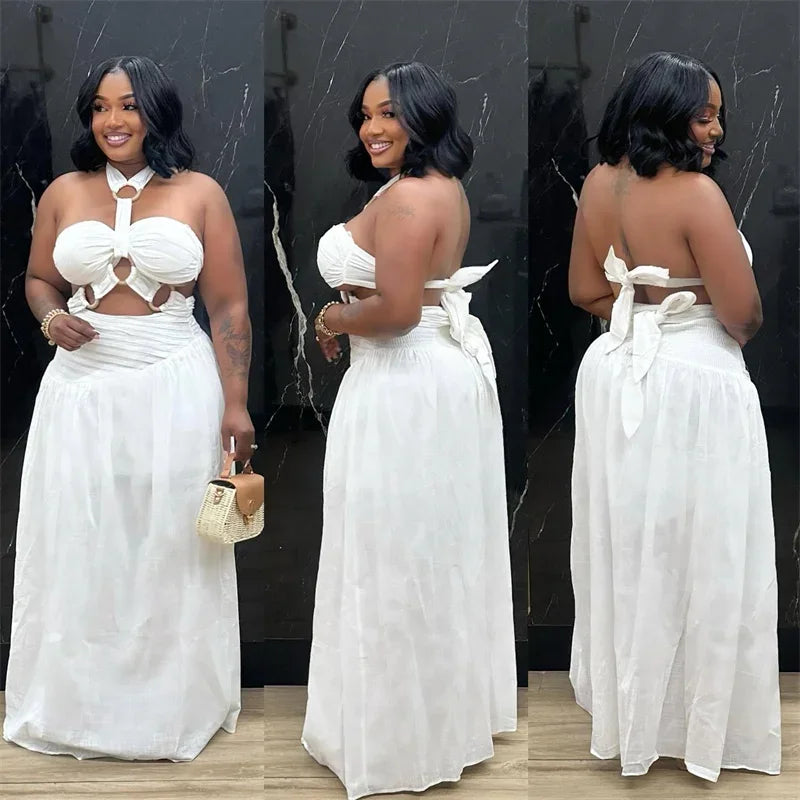 Sexy Halter Backless Maxi Dress Sets Woman Two Piece Set Festival Outfit Y2K Bandage Hollow Out Top and Long Skirt Matching Sets
