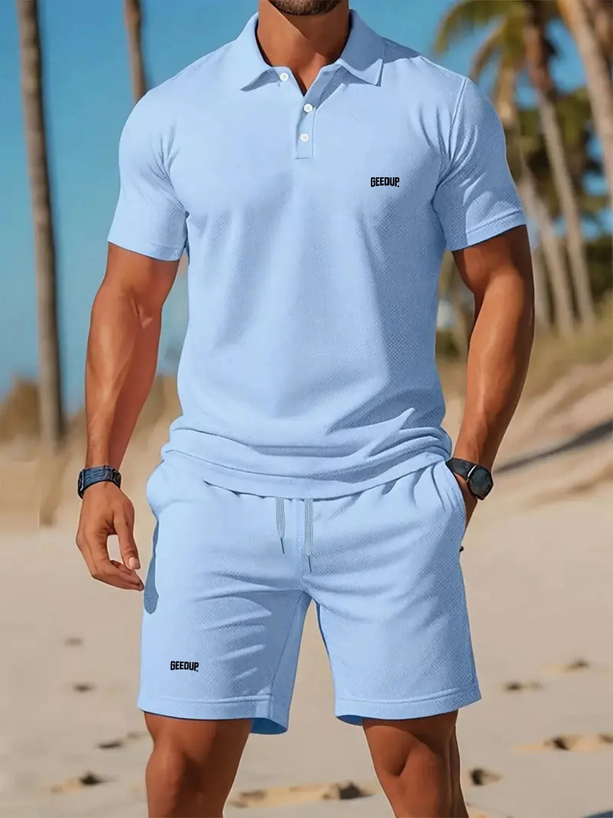 The 2025 summer men's Polo shirt, T-shirt and shorts casual set is suitable for daily wear and a beach sports two-piece outfit.