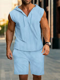 Men's new summer casual hooded outfit, comfortable and fashionable men's beach set, solid-color casual two-piece set