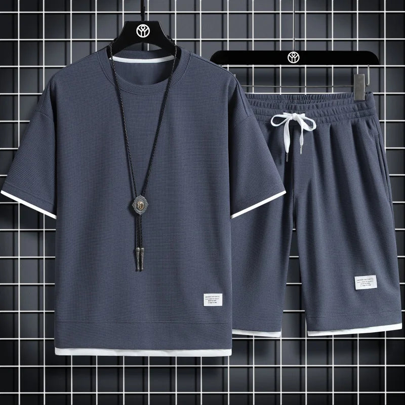 Korean Men's Waffle Tracksuit Short Sleeve T-shirts And Sports Shorts Summer Casual Outfits Joggers Sets Men's Two Piece Suit