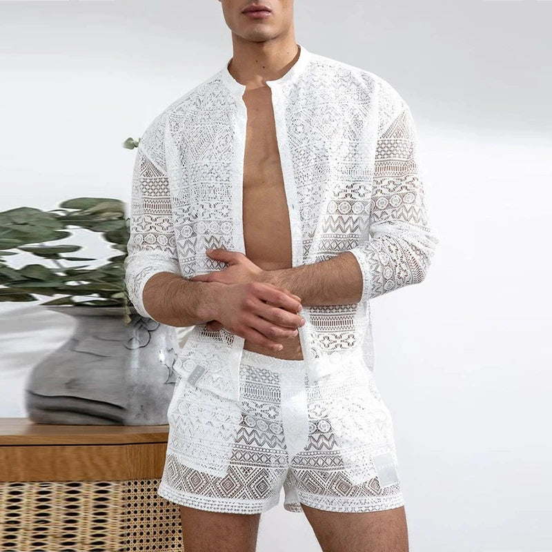 Nightwear Mens Sexy Pajamas Sets 2025 Summer Leisure Hollow Out Embroidery Mesh Two Piece Suits Fashion Tops And Shorts Outfits