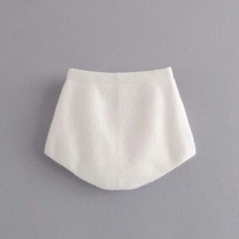 Taruxy Women Two Piece Sets Outfits White Plush Mohair Drill Button Cardigan Coats With Bra Tops And Mini Shorts Matching Sets