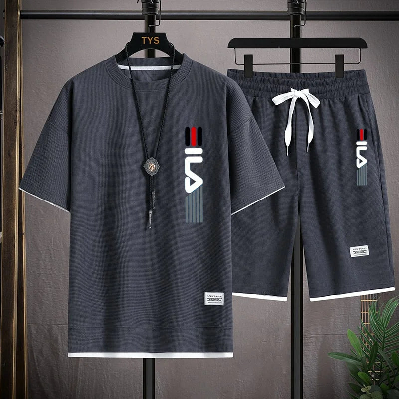 2026 Summer Men's Casual Short-Sleeved T-Shirt Set, fashionable outdoor outfit, two-piece set.