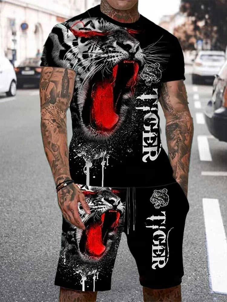 Summer Men Sets Shorts Outfits Male Tees Street T Shirt Two Piece 3D Lion Print Casual O-Neck Tracksuit Oversized Beach T Shirt