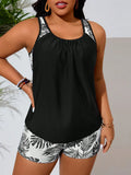 Vibrant Pink Plus Size Tankini Set With Tropical Leaf Print For Summer Beach Wear