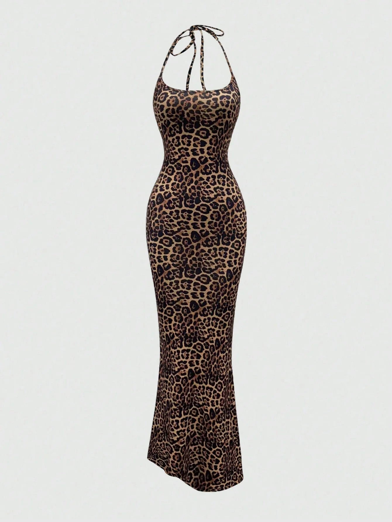 Sweetra Women's Leopard Print Mermaid Hem Fitted Elegant Halter Neck Dress Maxi Women Outfit