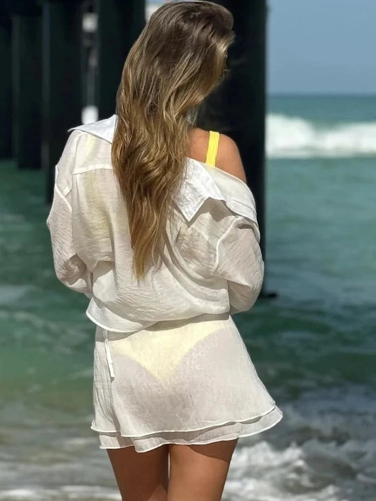 Women's Yellow Vacation Two Piece Set Turn-Down Collar Shirt & Bandage Mini Skirt Summer Beachwear Outfit Casual Slim Suit Chic