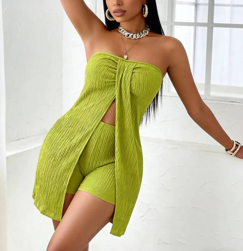 Women's Short Set Strapless Tunic Top with High Waisted Shorts Two Piece Set Spring Summer Casual Beach Vacation Party Outfit