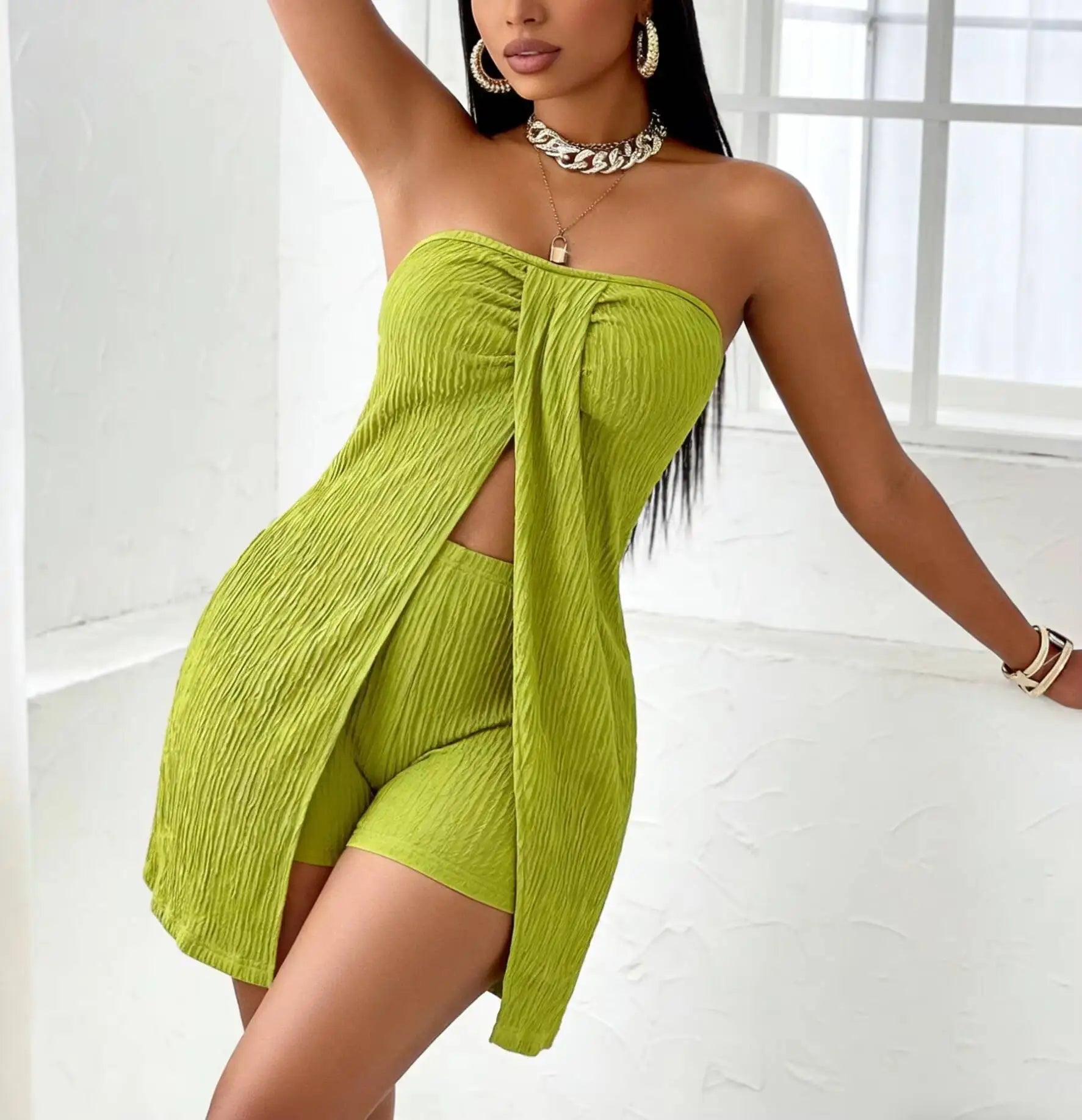 Women's Short Set Strapless Tunic Top with High Waisted Shorts Two Piece Set Spring Summer Casual Beach Vacation Party Outfit
