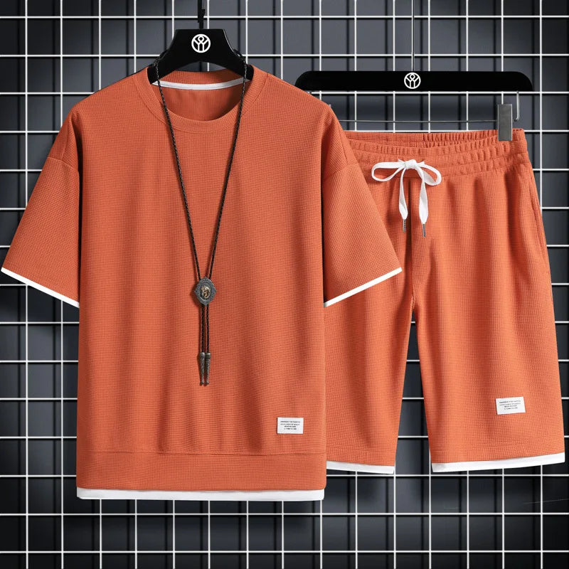 Korean Men's Waffle Tracksuit Short Sleeve T-shirts And Sports Shorts Summer Casual Outfits Joggers Sets Men's Two Piece Suit