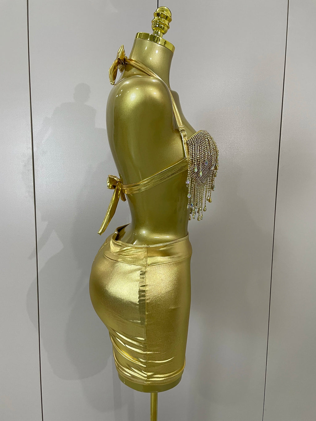 Luxury Shiny Diamond Chain Top Mini Dress Two Pieces Women Eveing Celebrate Party NightClub Festival Outfit Sexy Stage Costume