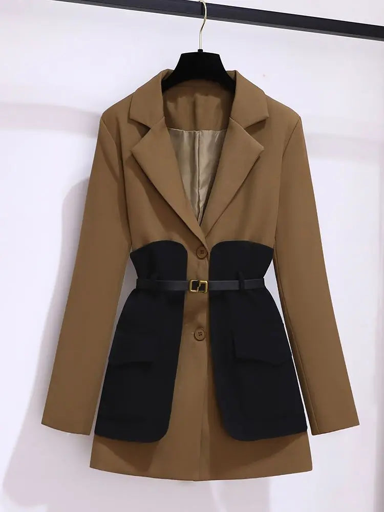 2025 Spring Belt Decorative Patchwork Jacket Blazer Casual Expansion Crying Two-piece Elegant Women Pants Suit Office Outfits