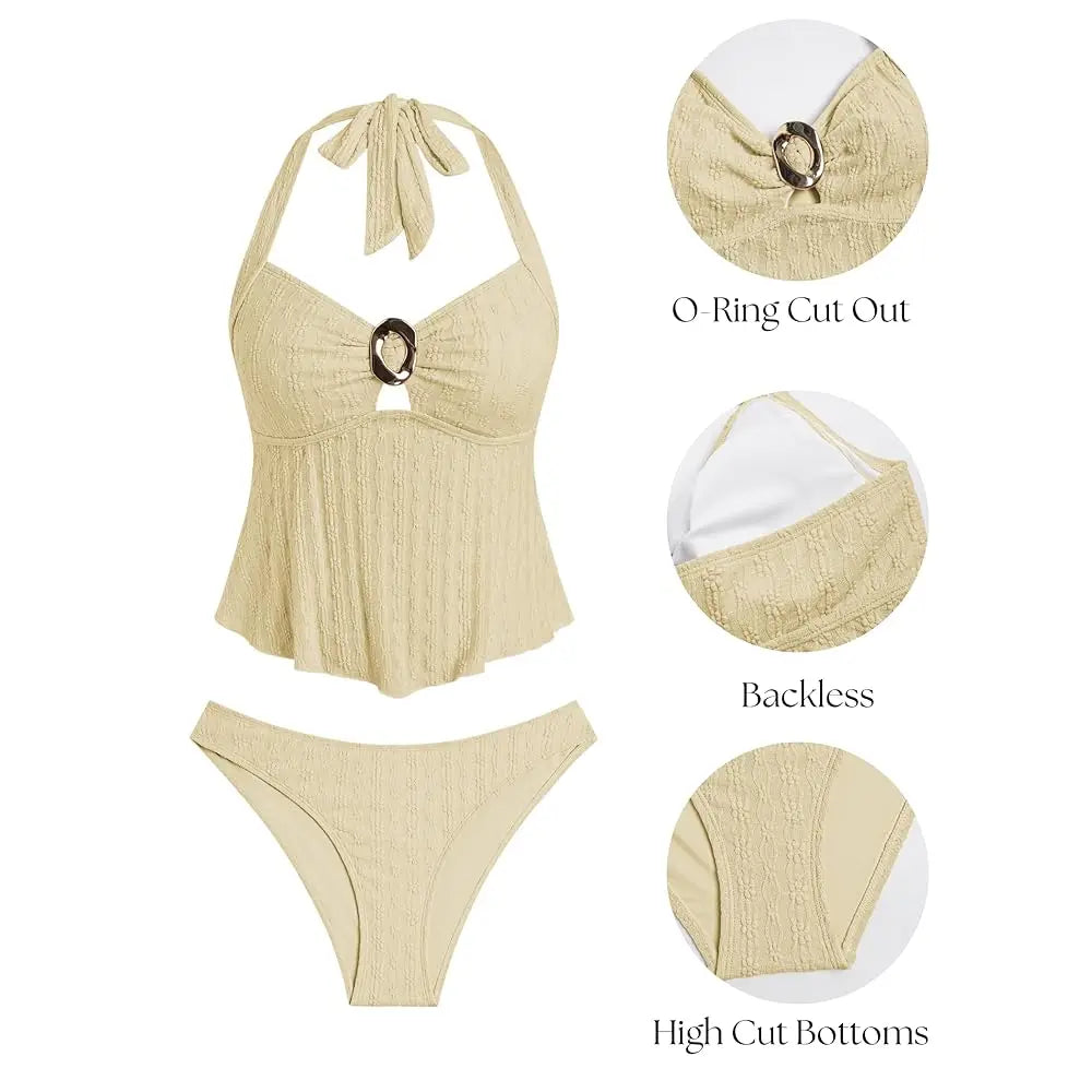 Halter Tankini Swimsuits for Women Lace O-Ring Cut Out Two Piece Tummy Control Swimsuits Bathing Suits