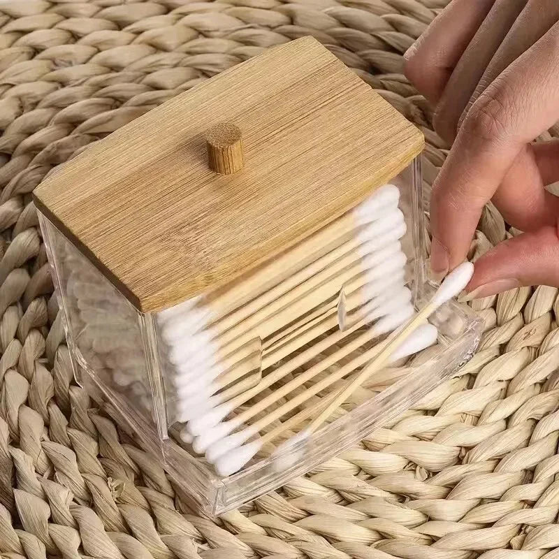 Cotton Swab Storage Box Double-Ended Cotton Swab Container Transparent Square Bamboo Lid Cotton Swab and Toothpick Organizer Box