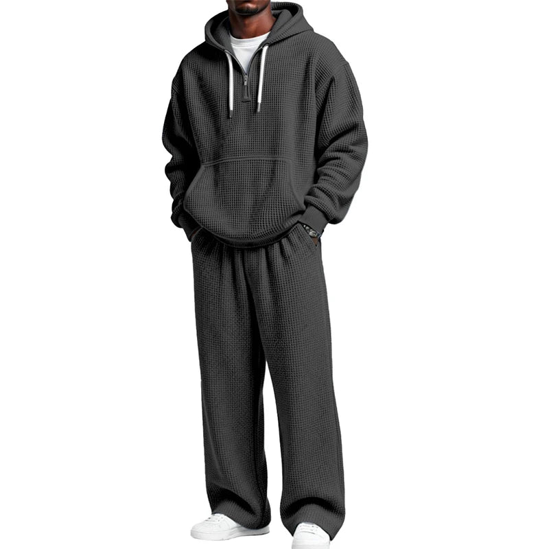 Autumn Winter Mens Casual Tracksuits Long Sleeve Waffle Plaid Hoodies And Pants Two Piece Sets Men Stylish Solid Color Outfits