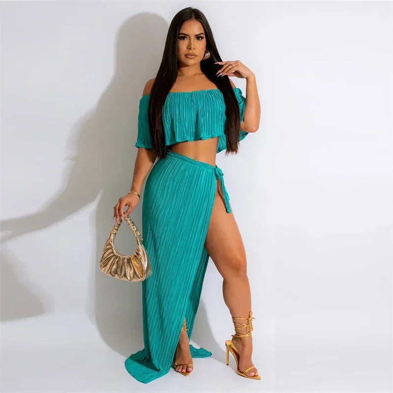 Vacation Two Piece Set for Women Maxi Dress Sets Clubwear Slash Neck Ruffles Crop Top and Long Skirts Sexy Night Club Outfits