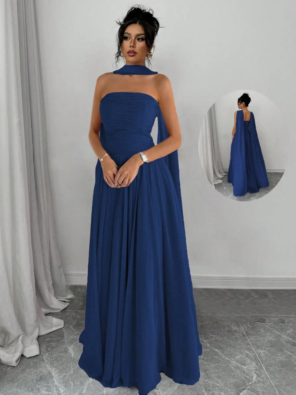 Elegant Solid Pink Sleeveless Maxi Dress With Backless Design And Draped Cape Overlay