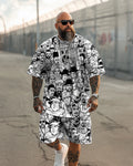Men's Plus Size Summer Casual Outfit - All Over Print Hip-Hop Legends Short Sleeve T-Shirt and Shorts Two-Piece Set