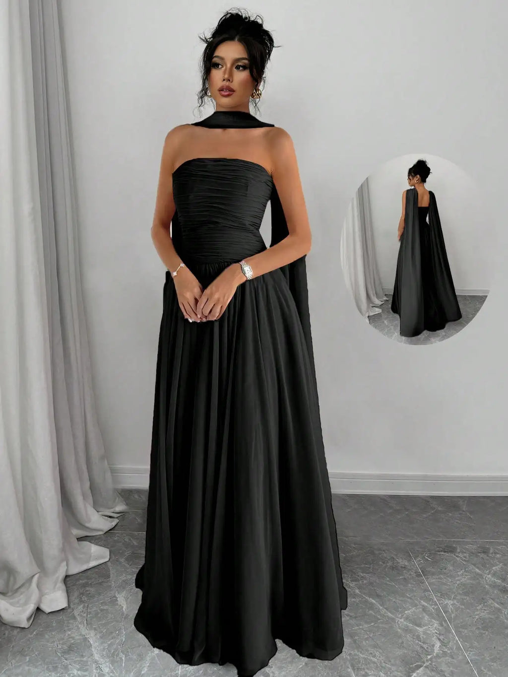 Elegant Solid Pink Sleeveless Maxi Dress With Backless Design And Draped Cape Overlay