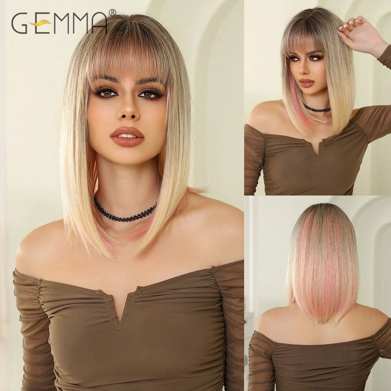 Ombre Blonde Pink Bob Wig with Fluffy Bangs Synthetic Short Straight Wigs for Black Women Heat Resistant Cosplay Daily Hair