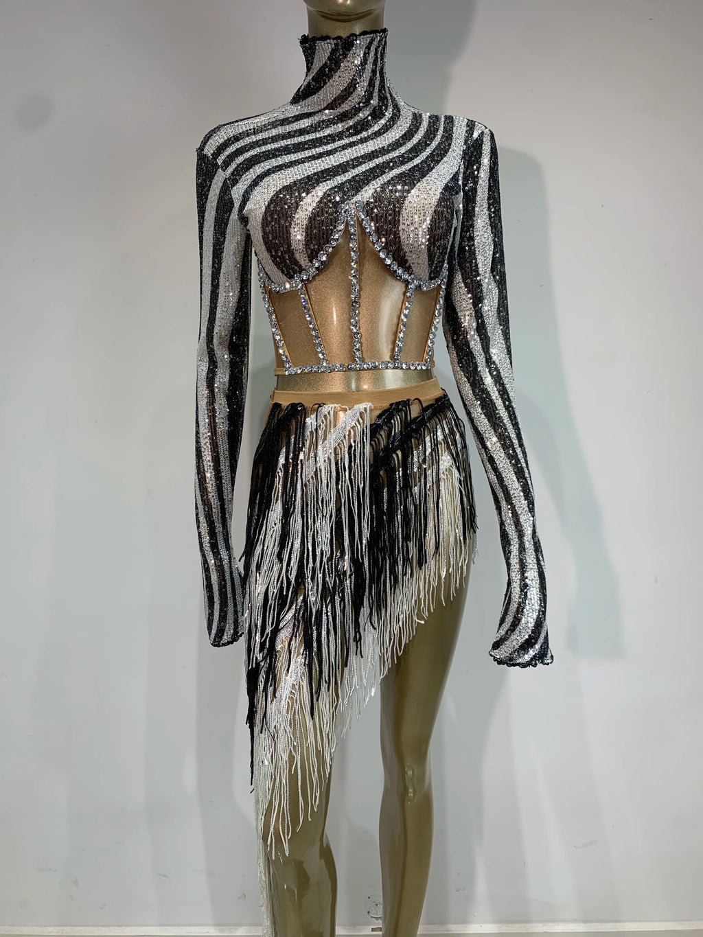 Women Sexy Sparkly Rhinestone Tassel Party Two Piece Set Women Birthday Nightclub Prom Crystal Fringe Leotard Dance Stage Outfit