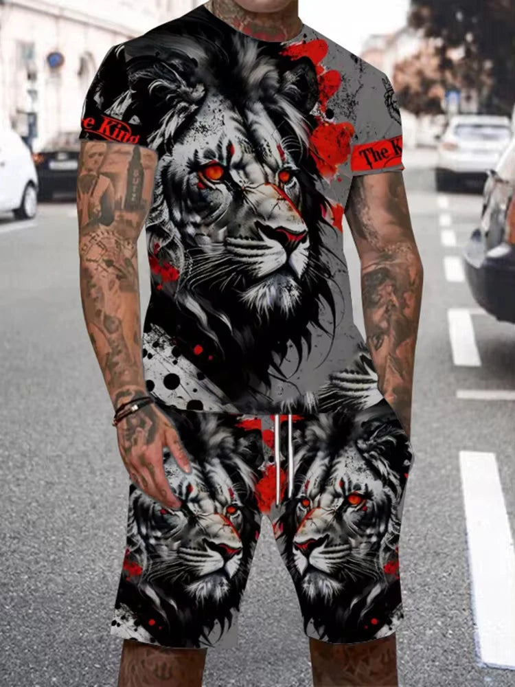 Summer Men Sets Shorts Outfits Male Tees Street T Shirt Two Piece 3D Lion Print Casual O-Neck Tracksuit Oversized Beach T Shirt