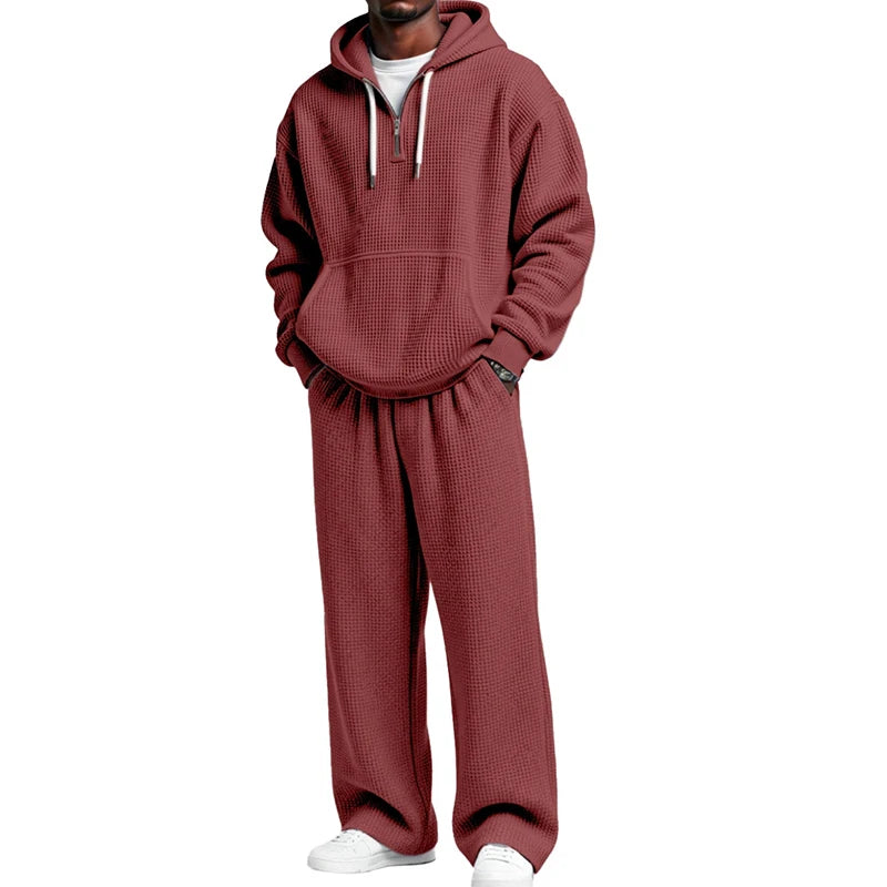 Autumn Winter Mens Casual Tracksuits Long Sleeve Waffle Plaid Hoodies And Pants Two Piece Sets Men Stylish Solid Color Outfits