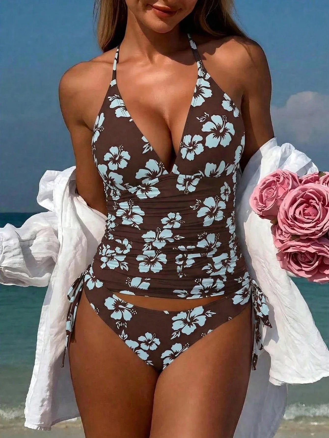 Women's Tropical Floral Two Piece Bikini Set Halter Deep V Neck Beach Swimwear