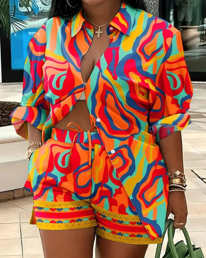 2025 Spring Autumn Casual Woman Sets Fashion Shirt Printed Button Shirt&Shorts Streetwear Shorts Pant Outfit Suit Two Piece Set