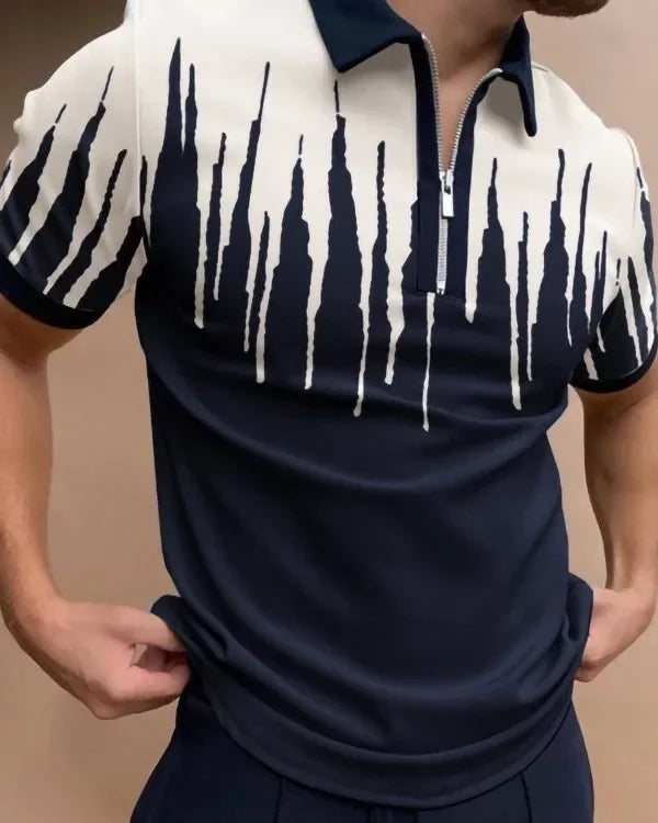 Shirts Men Tops Polo Shirt Short Sleeve Turn Down Collar Zipper Casual Simple Regular Top Splice Print Slim Fit Autumn 2024