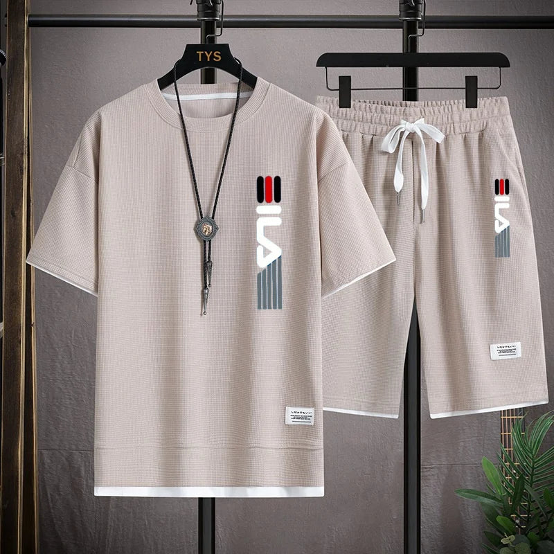 2026 Summer Men's Casual Short-Sleeved T-Shirt Set, fashionable outdoor outfit, two-piece set.