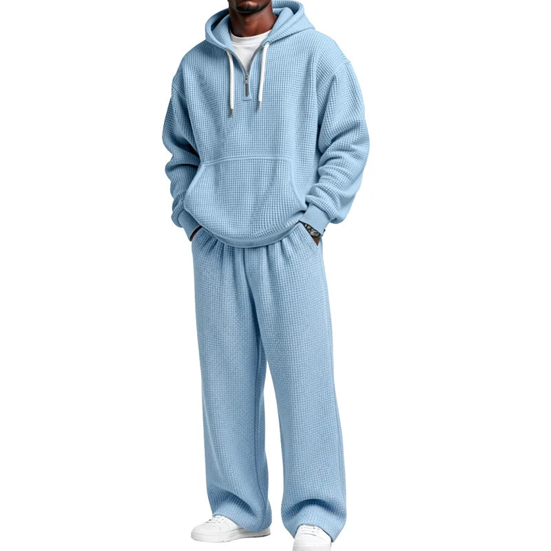 Autumn Winter Mens Casual Tracksuits Long Sleeve Waffle Plaid Hoodies And Pants Two Piece Sets Men Stylish Solid Color Outfits