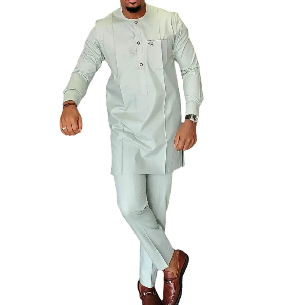 African Men Shirt Outfits Party Ethnic Pocket Splicing Africa Simple Long Sleeve Round Collar Blouse Pants Two Piece Suit