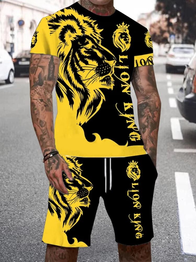 Summer Men Sets Shorts Outfits Male Tees Street T Shirt Two Piece 3D Lion Print Casual O-Neck Tracksuit Oversized Beach T Shirt