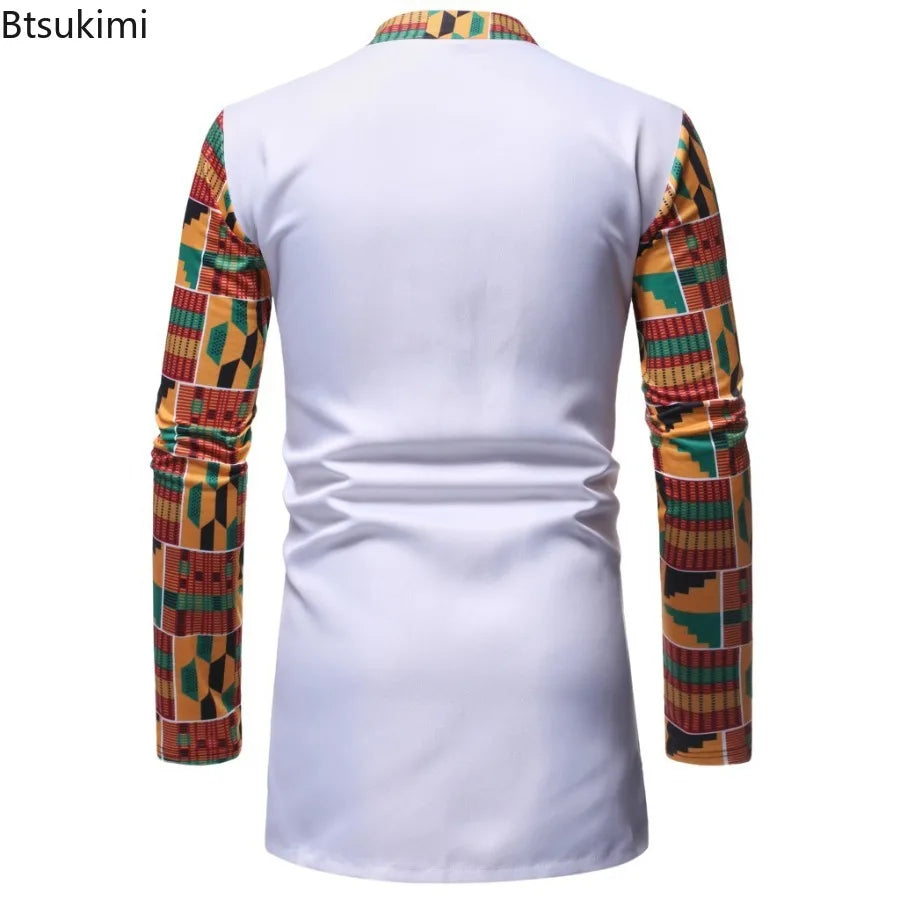 African Style Men's Two Piece Sets Fashion Patchwork Design Stand Collar Long Sleeve Shirt and Pants Male African Dashiki Outfit