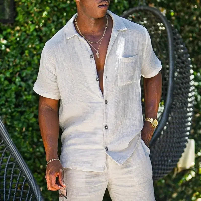 2026 Men's Summer Cotton Linen Casual Sets Fashion Short-sleeved Loose Shirt and Shorts Two-pieces Sets Men Beach Holiday Outfit