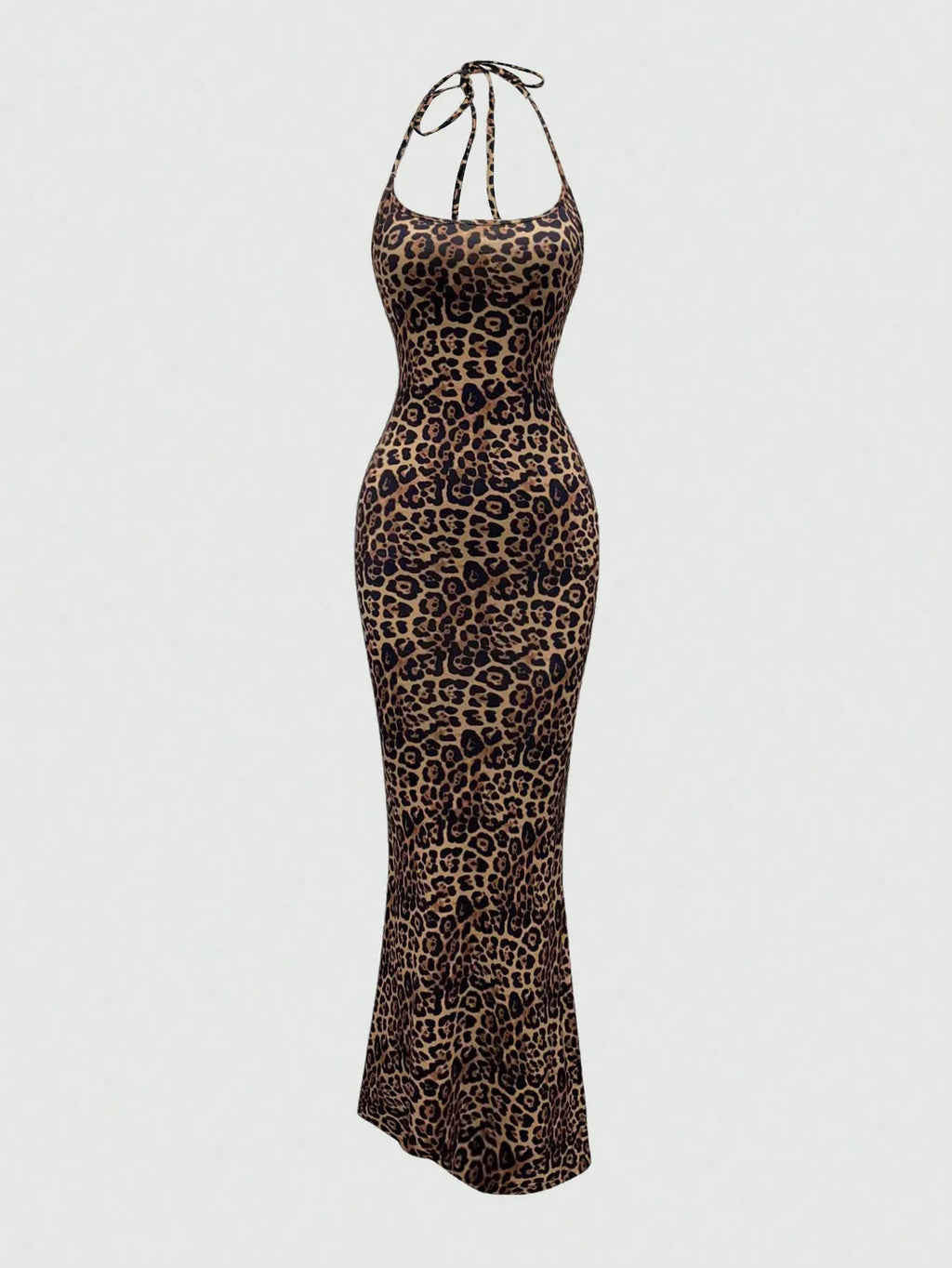 Sweetra Women's Leopard Print Mermaid Hem Fitted Elegant Halter Neck Dress Maxi Women Outfit